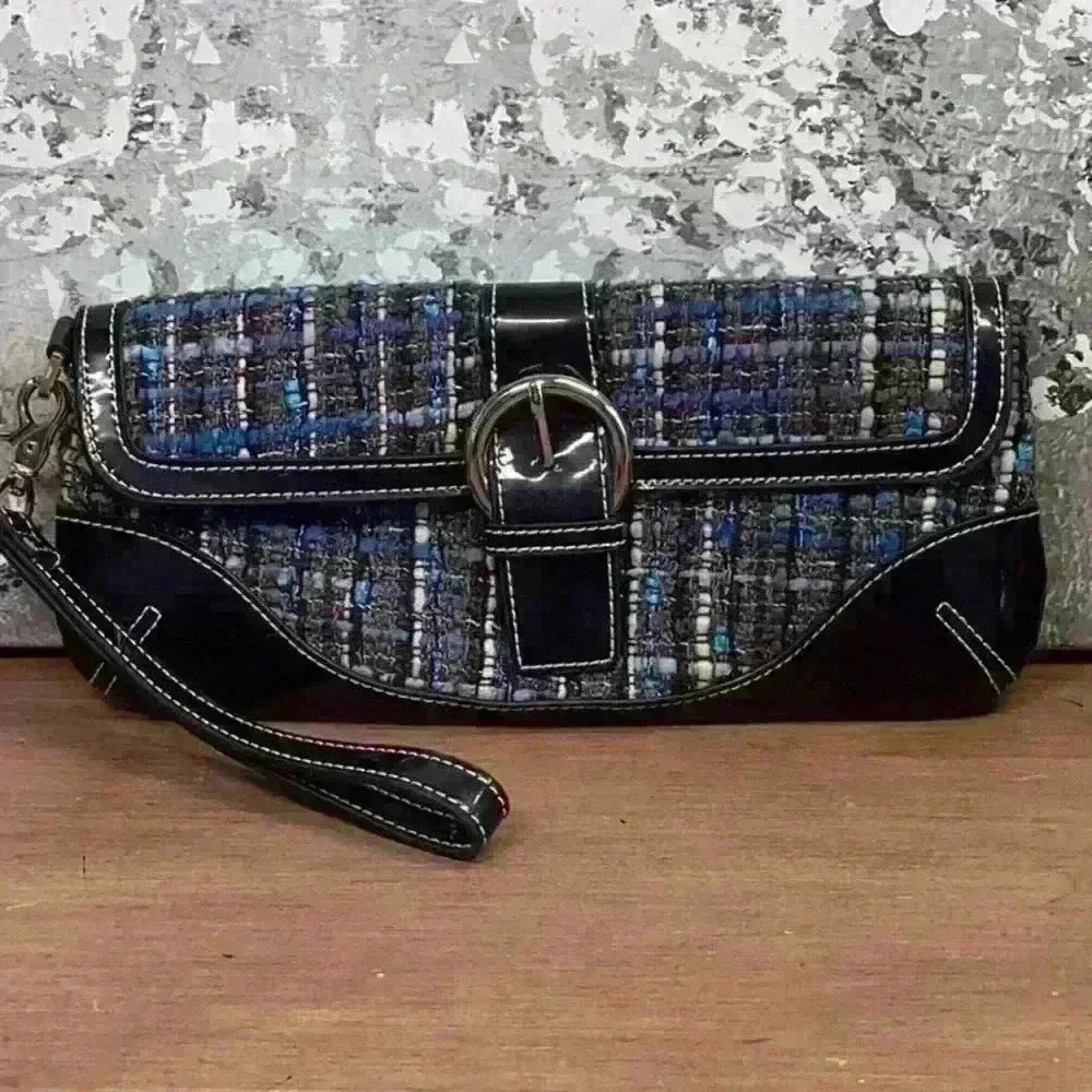 Blue Wool Clutch / Wristlet with Black Trim